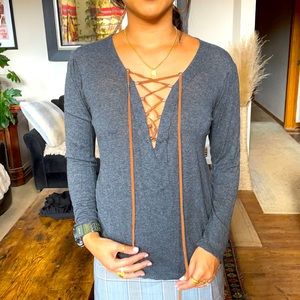 Planet Blue Lace-up Long-sleeve Blouse